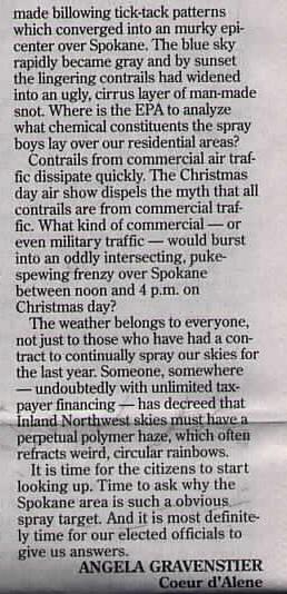 A Newspaper Article from Coeur d'Alene, Idaho about contrails and spraying the sky.